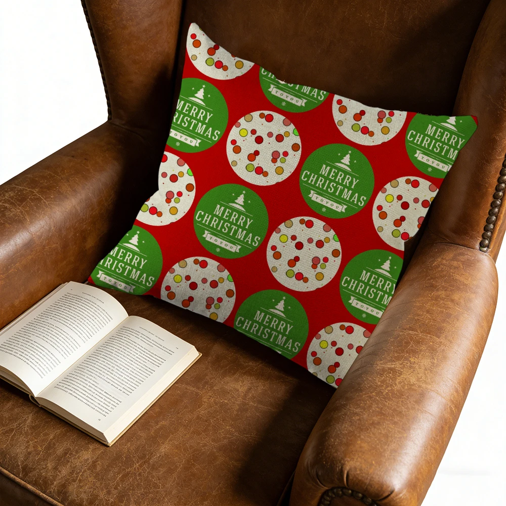 1pc Festive Style Cushion Cover Red Green Merry Christmas Print Pillowcase For Sofa Bed Decorative Throw Case 45x45cm