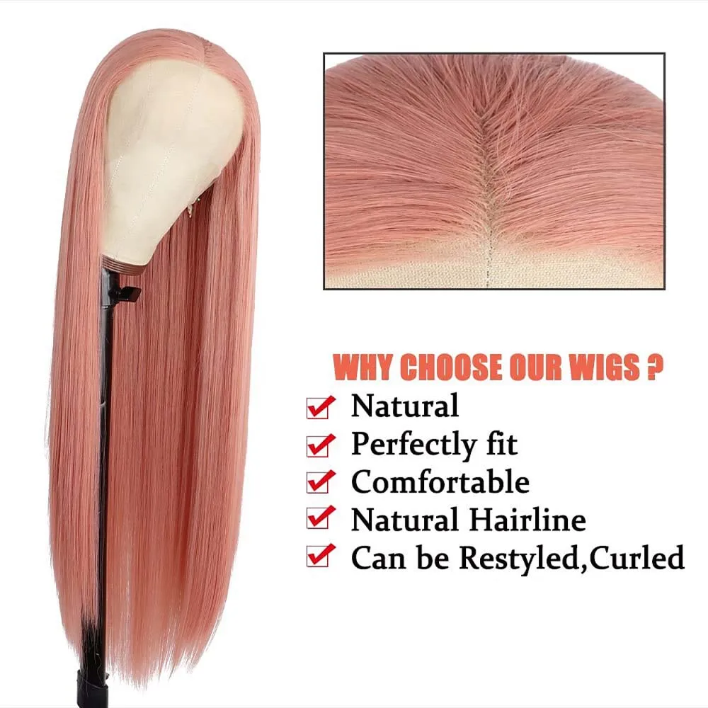 FANXITION Salmon Pink Long Silky Straight Wigs Synthetic Lace Front Wigs with Middle Part Natural Hairline Halloween Party Use