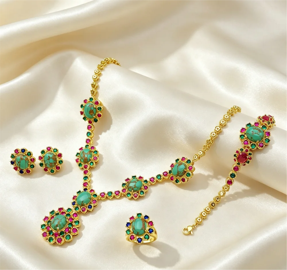 Flora Gold Plated Copper Zircon Women's Jewelry Set Elegant Necklace Earrings Bracelet Ring for Banquet Gift