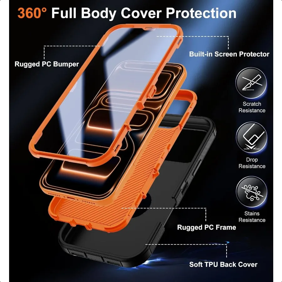 Etui na iPhone 17 Pro Max z wbudowaną osłoną ekranu, pełna ochrona całego urządzenia, czerwone, o stopniu wojskowej ochrony, odporne na wstrząsy, bumper, ochronne C