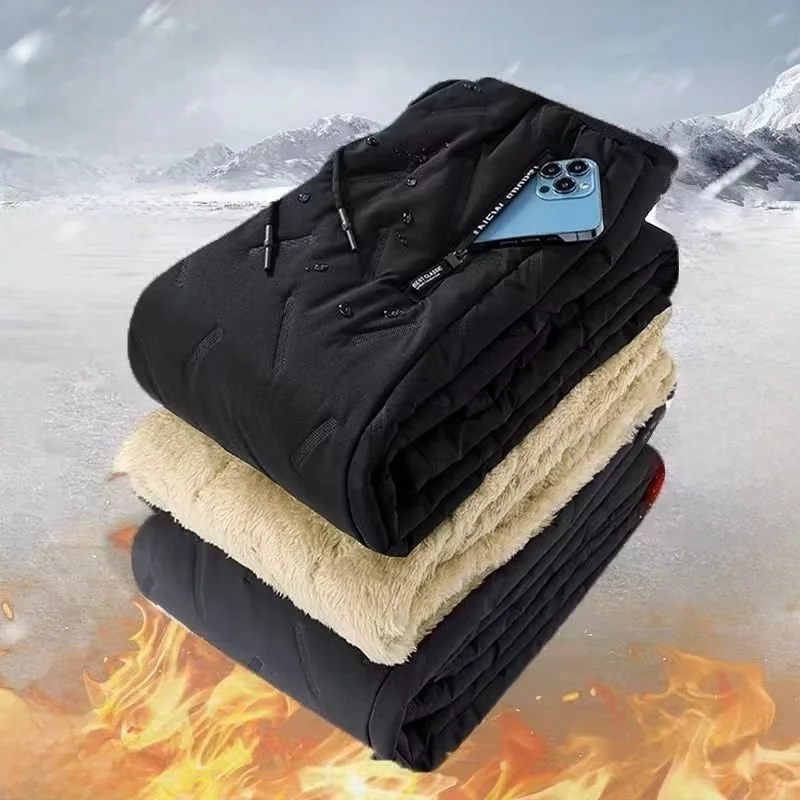 Men's Loose Fit Lamb Fur Lined Waterproof Windproof Winter Work Trousers Straight Leg Sports Pants Casual Youth Faion