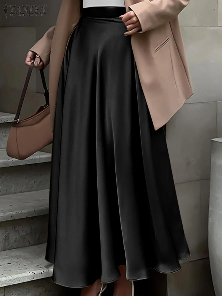 

2025 ZANZEA Stylish Autumn Jupes Women High Waist Party Satin Skirts Elegant Pleated Long Skirt Solid A-line OL Work Faldas Saia