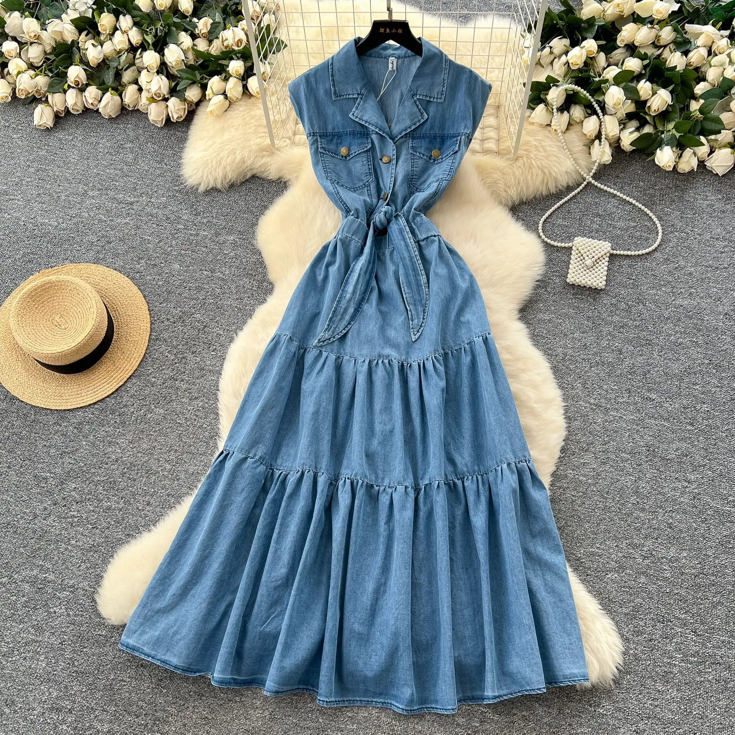 

Long Dress Women Denim Dresses A Line Vestidos Turn Down Collar Sleeveless Elegant Splice Y2k Streetwear Work High Waist 2025