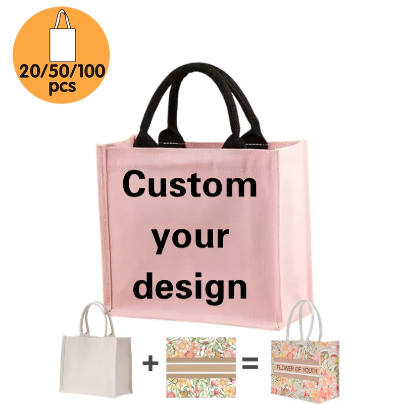 20/50/100 Pcs Custom Logo Flower Petal Design Printed Cotton Canvas Tote Bags For Women Laminated Shopping Gift Promo Bags