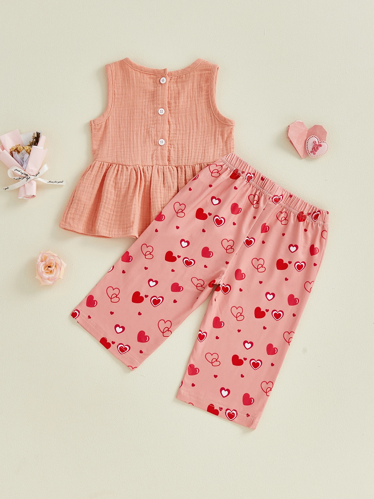 เสื้อกล้ามแขนกุดสำหรับเด็กผู้หญิงและชุดกางเกงพิมพ์ลายดอกไม้ชุดฤดูร้อนพร้อมคอกลมและรายละเอียดการแต่งระบาย