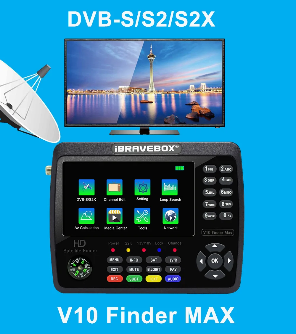 iBRAVEBOX V10 Finder Max HD Wyszukiwarka sygnału telewizji satelitarnej DVB-S/S2/S2X Cyfrowy miernik sygnału LCD H.265 4,3 cala