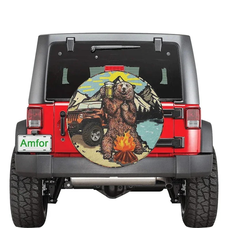 Bear Beer Fire Car Tire Cover Boho For All Car Accessories , Premium Camping  Tire Cover with Bear Design