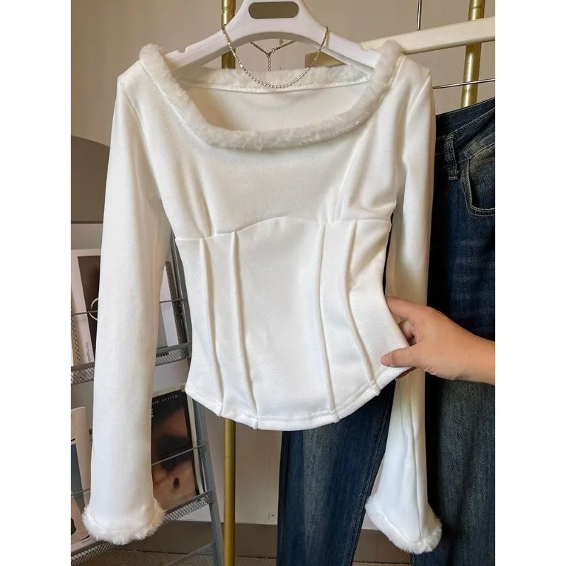 Coquette Women Autumn Winter Furry Spliced U Neck Long Sleeve Top De Rong Warm Inner Base Shirt