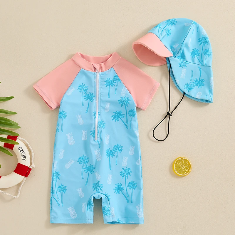 Maiô de proteção contra queimaduras para bebê menino, casual, manga curta, zíper, roupa de banho com chapéu de sol, conjunto de 2 peças para 0-3 anos