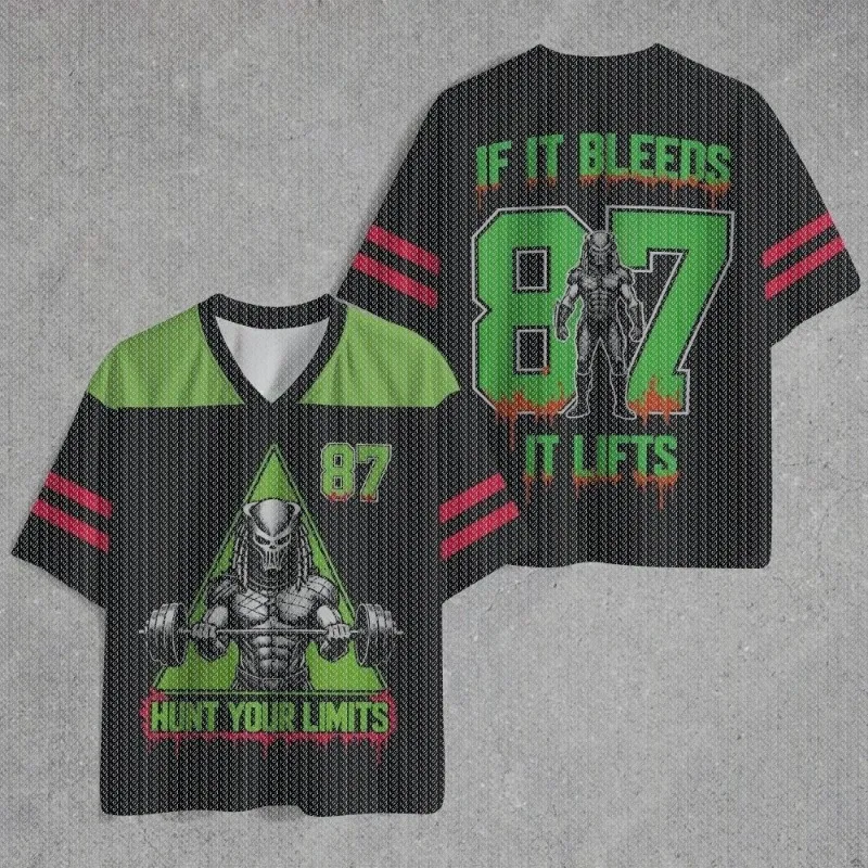 

V-neck Black Green Block Mesh T-shirt with Triangular Alien Weightlifting Pattern Size 87 Front and Back Sleeves Street Top