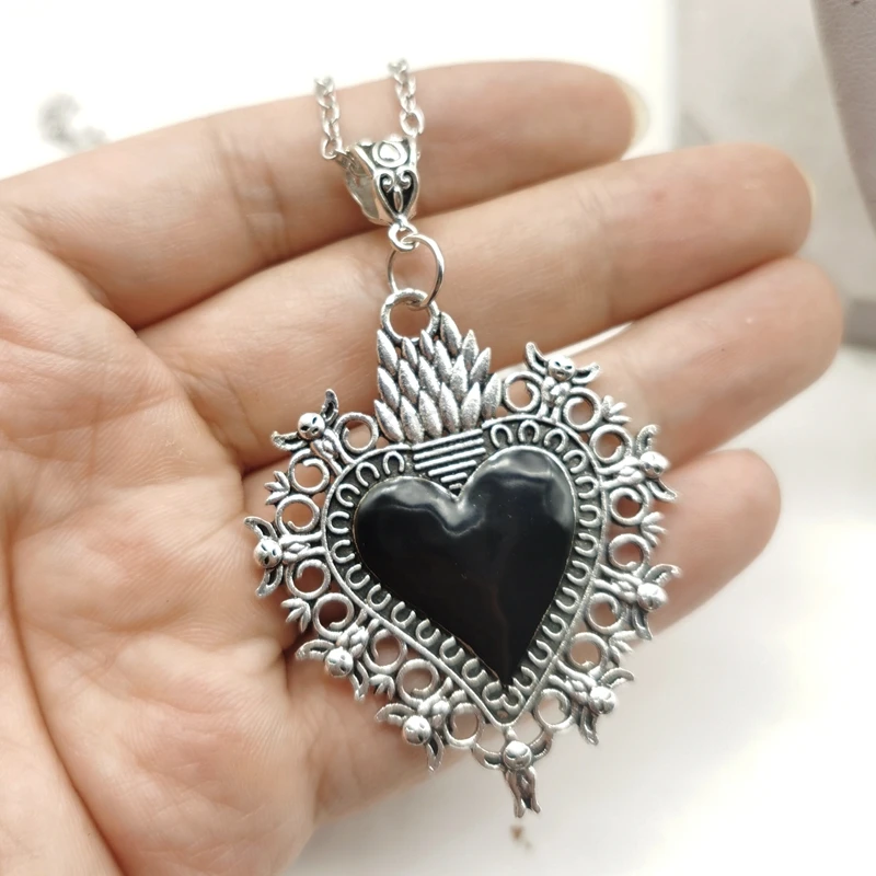 Sacred Flaming Hearts, Sacred Flaming Corazon, Ex-Votos Hearts, Mexican Milagros Necklace,Burning Heart Necklace,Gothic Jewelry,