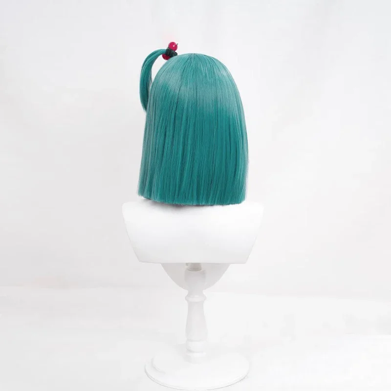 アニメブルマのコスプレウィッグ、高温フィル、青緑のショートヘア、ウィッグキャップとカチューシャ付き