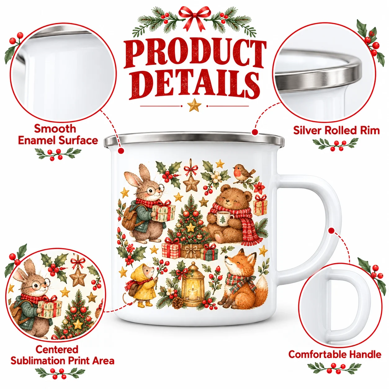 1pc Christmas Themed Sublimation Enamel Coffee Mug, Forest Animal Pattern Cup, Unique Holiday Gift, For Hot Tea & Coffee Drinkin