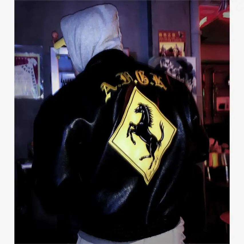 

Bla Motorcycle Jaet for Men Street Sle Embroidery Leather Coat Autumn Winter Outerwear Casual Youth Faion