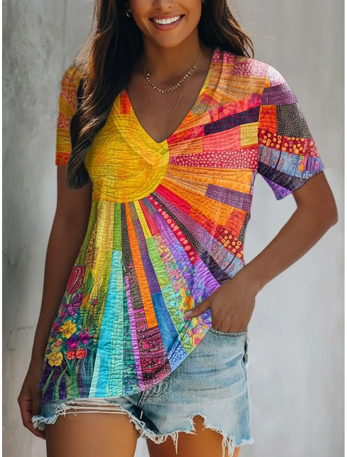 Women's Floral Print Color Block Vintage Boho T-shirt, V Neck Short Sleeve, Casual Daily Wear, Rainbow