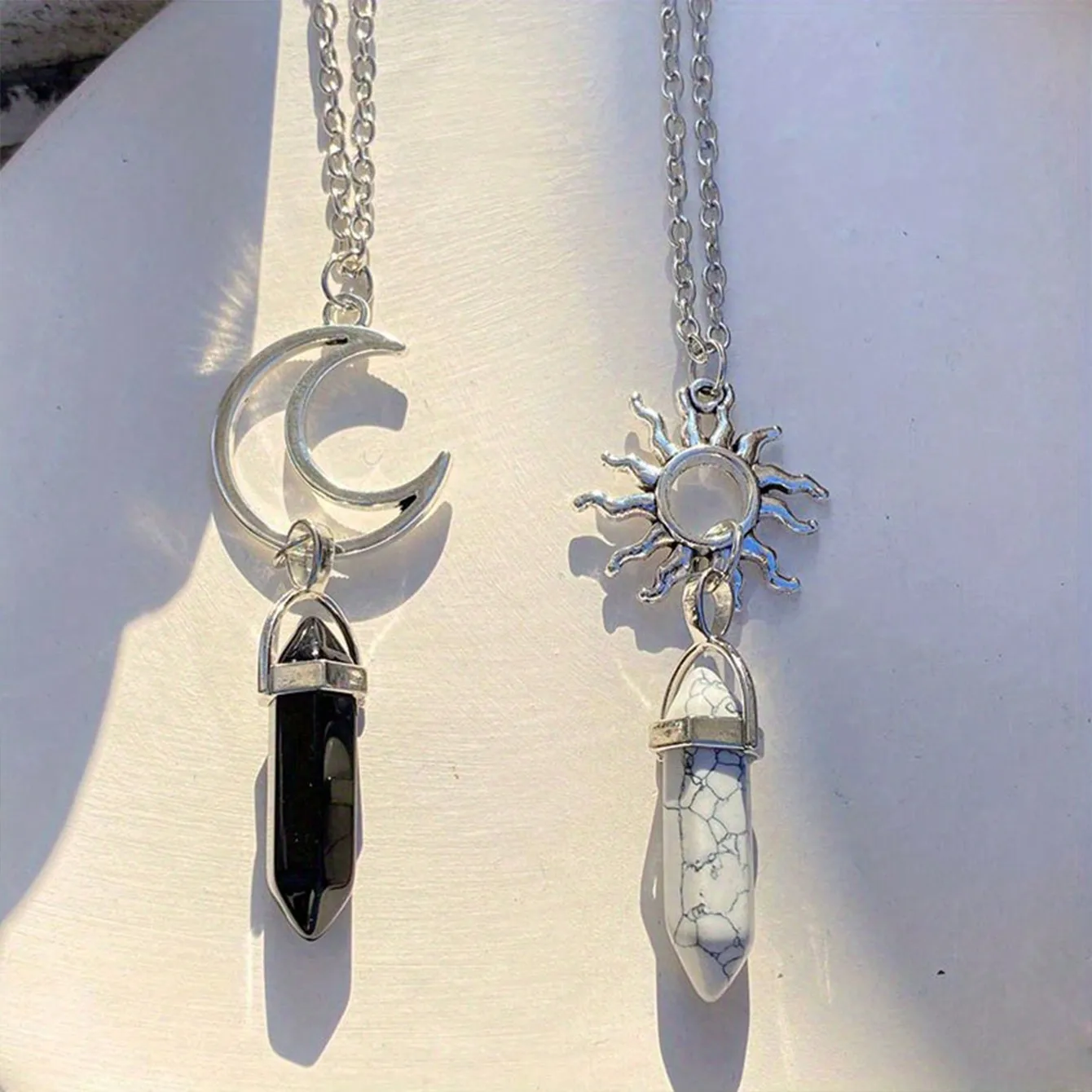 2-piece Retro Sun Moon Couple Necklace Set with Hexagonal Crystal Pendant