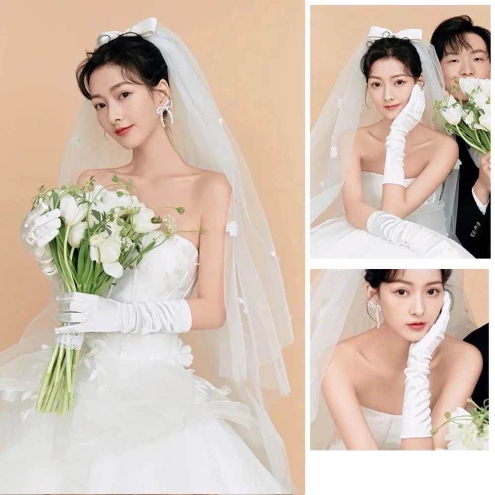 

Fashion White Satin Long Gloves Lace Sweet Wedding Bridal Gloves Elastic Vintage Long Finger Mittens Women