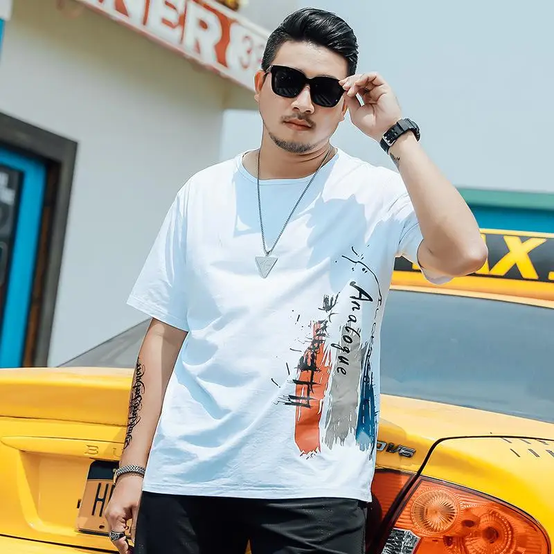 

T55 Short Sleeve T-Shirt Summer plus Size Trendy Print Half Sleeve White Large Size Body Tee Loose Fit Cotton Geometric Patte...