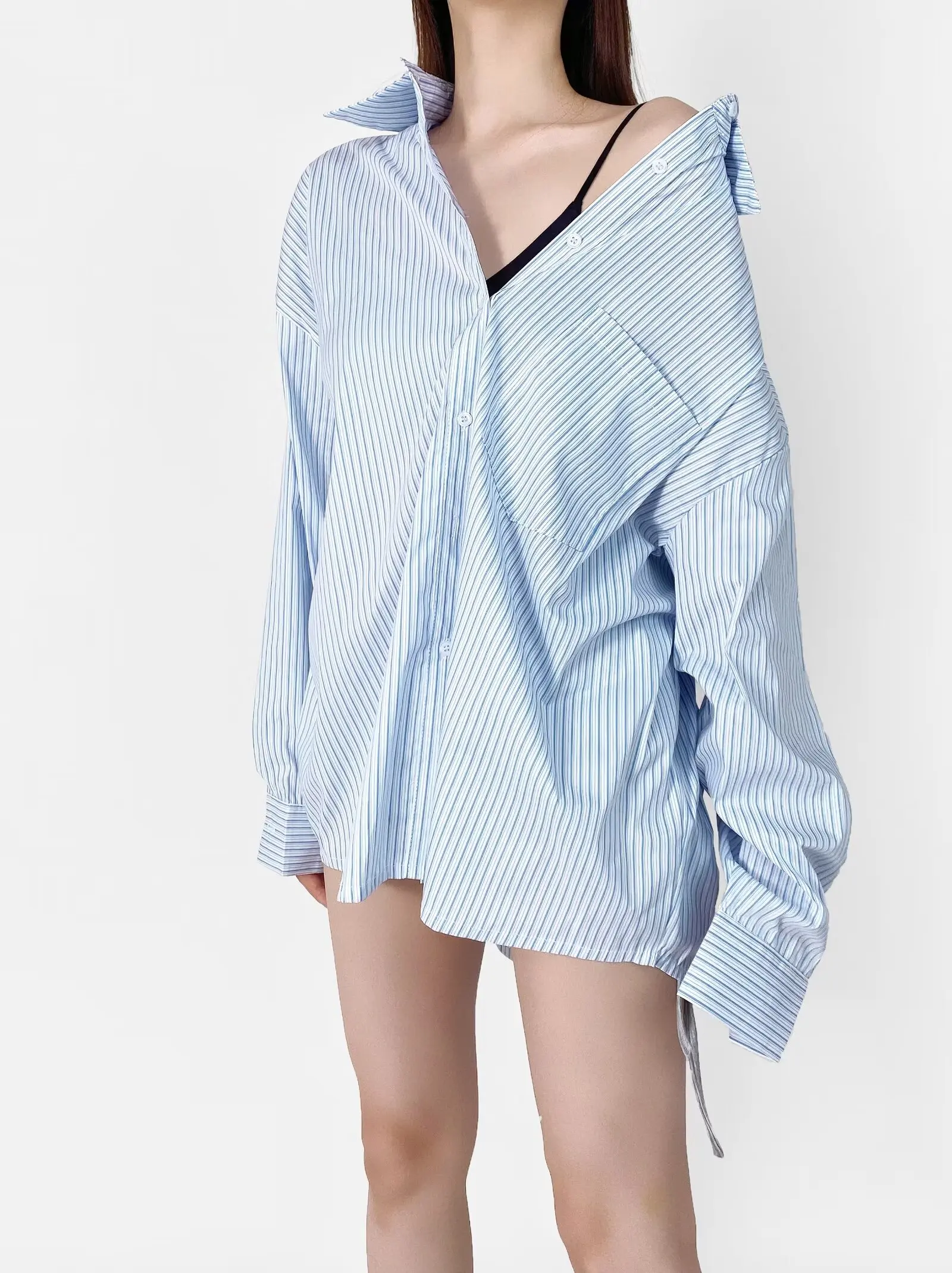 

Boyfriend style light blue striped casual shirt jacket for women niche fashion all-match loose shirt top