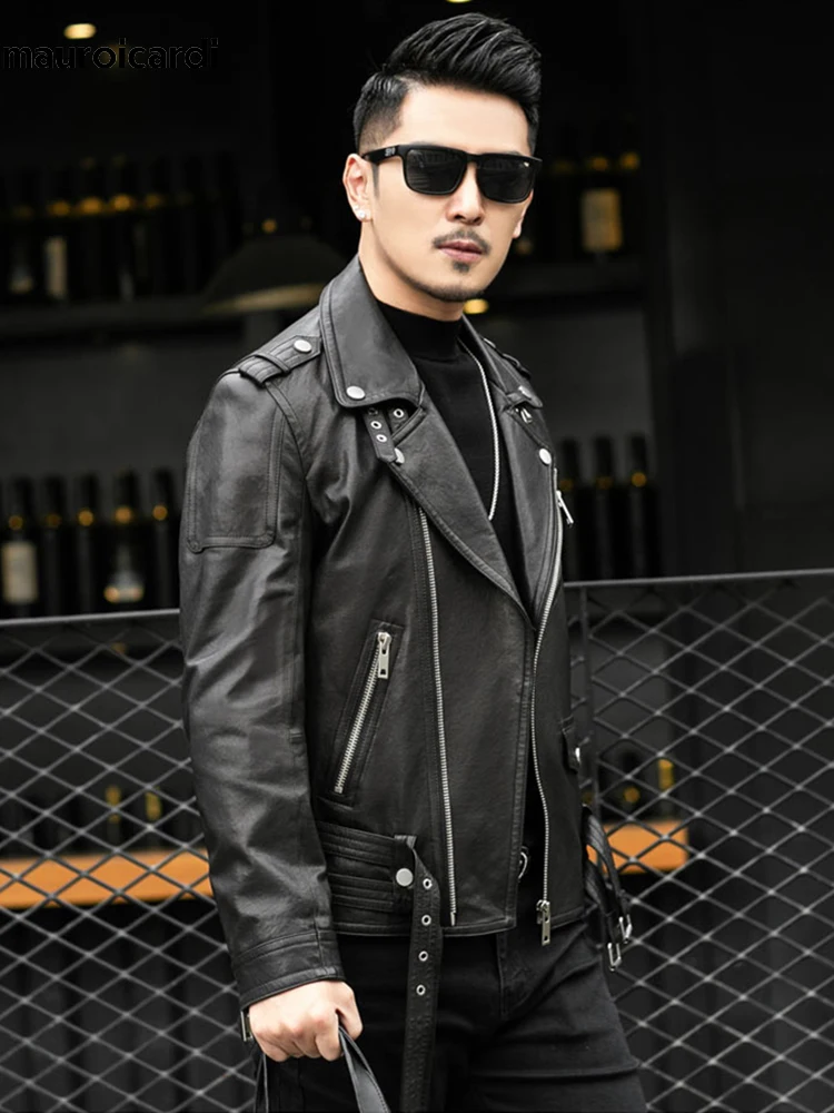 Spring Autumn Short Cool Black Leather Biker Jacket Men Zipper