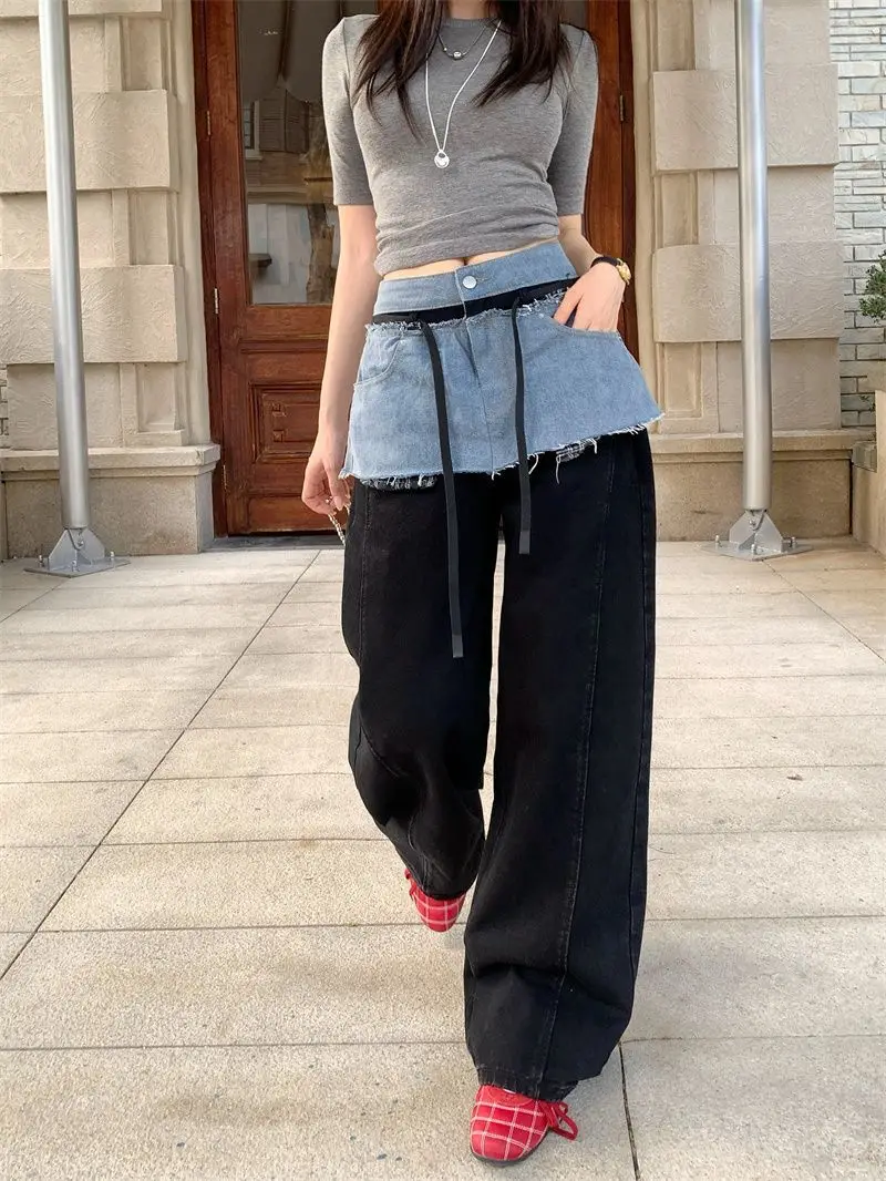 Cowboy Patchwork Fake Two Piece Curved Knife Wide Leg Pants For Women In Spring And Autumn, With A Lazy And Stylish Design view 4