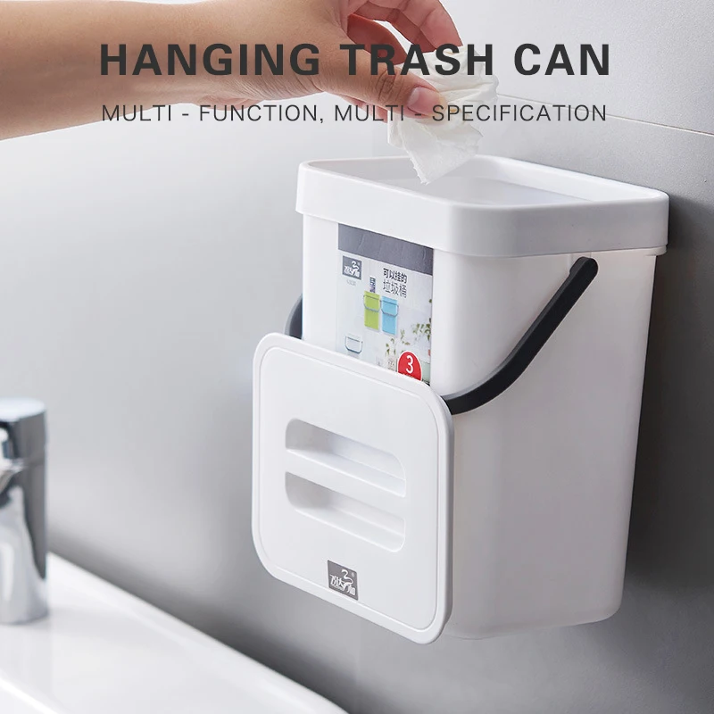 Wall Mounted Waste Bin Kitchen Hanging Trash Can With Handle Wall Sticker Garbage Can Car Portable Storage Bucket Home Dustbin