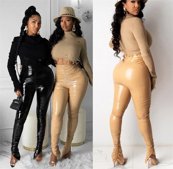 Women's Casual High Waist PU Leather Pants Long Street Sle Trousers Folded Design Winter Collection Faion Ladies