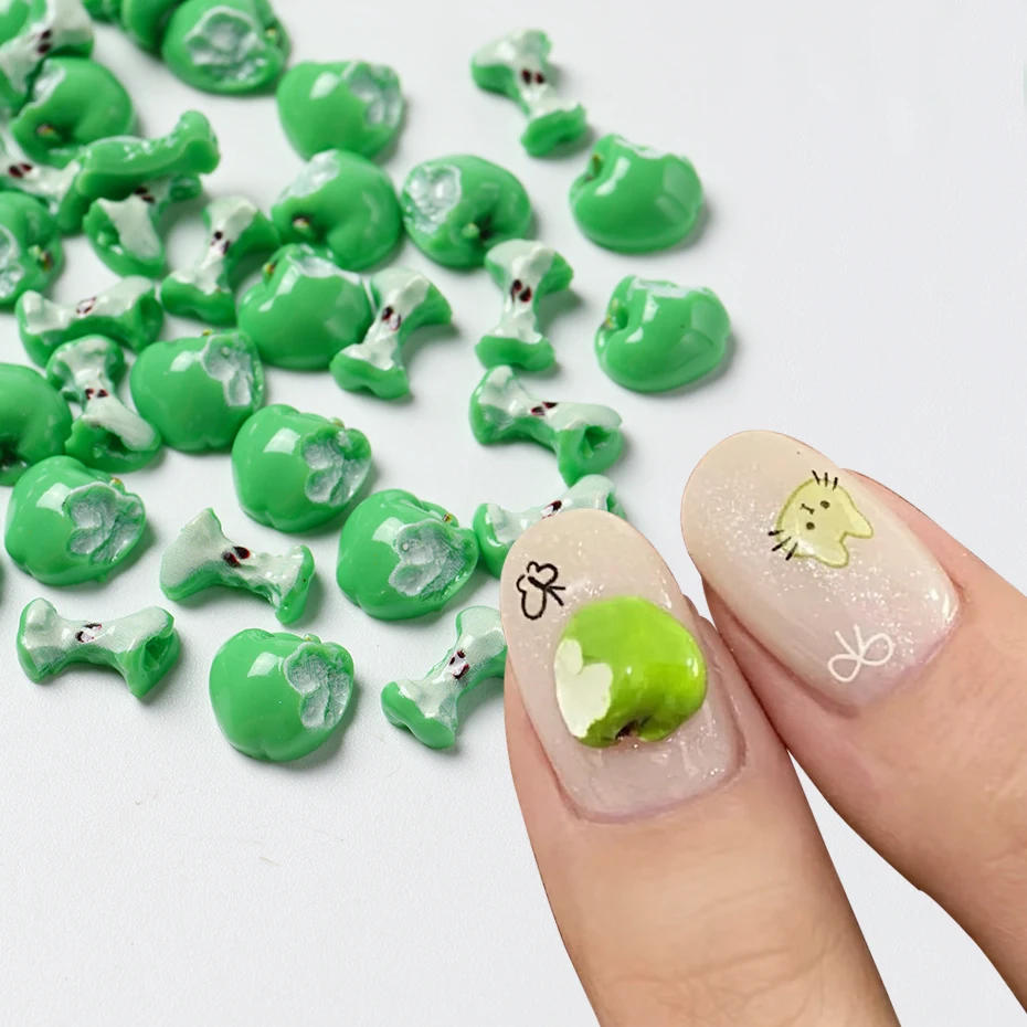 3D Realistic Bitting Green Apple Nail Charms Resin Fruit Series Apple Chip Acrylic Nail Art Decoration Manicure Supplies