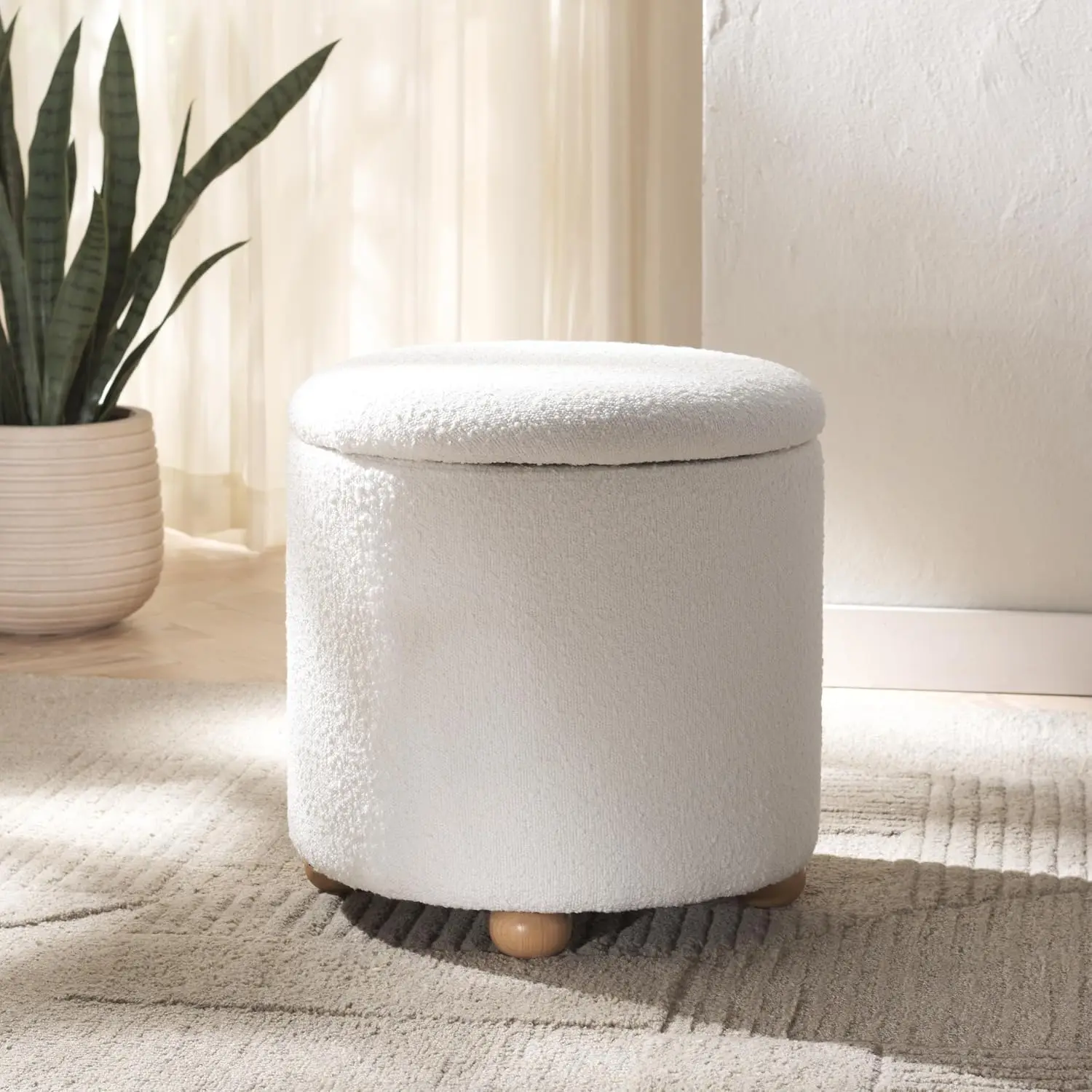 Round Storage Ottoman Ivory Boucle Upholstered Lift Top Fully Assembled, Customized