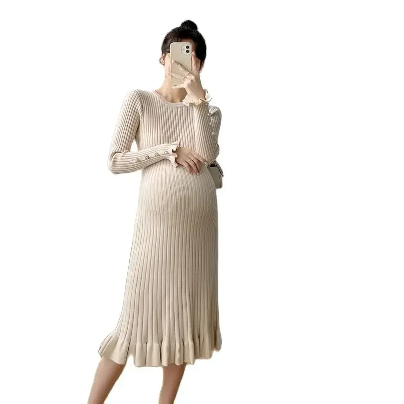 Sweter Hamil Rajutan Musim Gugur Musim Dingin Pakaian Gaun Ramping A Line Elegan Chic Ins untuk Wanita Hamil Manik-manik Ruffle Kehamilan