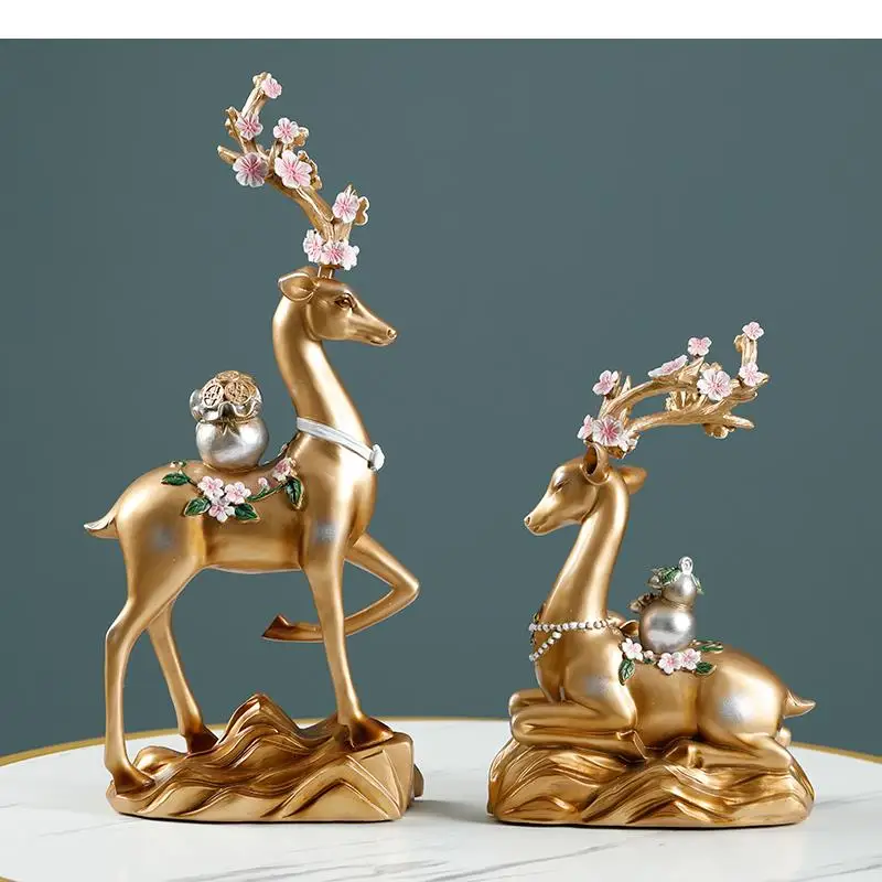 Golden Deer Animal Sculpture Modern Home Decoration Handicraft Couples Plum Blossom Figures Accessories