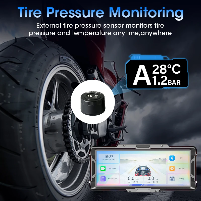 Develuck 8.1 "دراجة نارية DVR 2K كاميرا أمامية الملاحة GPS اللاسلكية Carplay أندرويد السيارات موتو مراقب مع مستشعر TPMS المزدوج BT