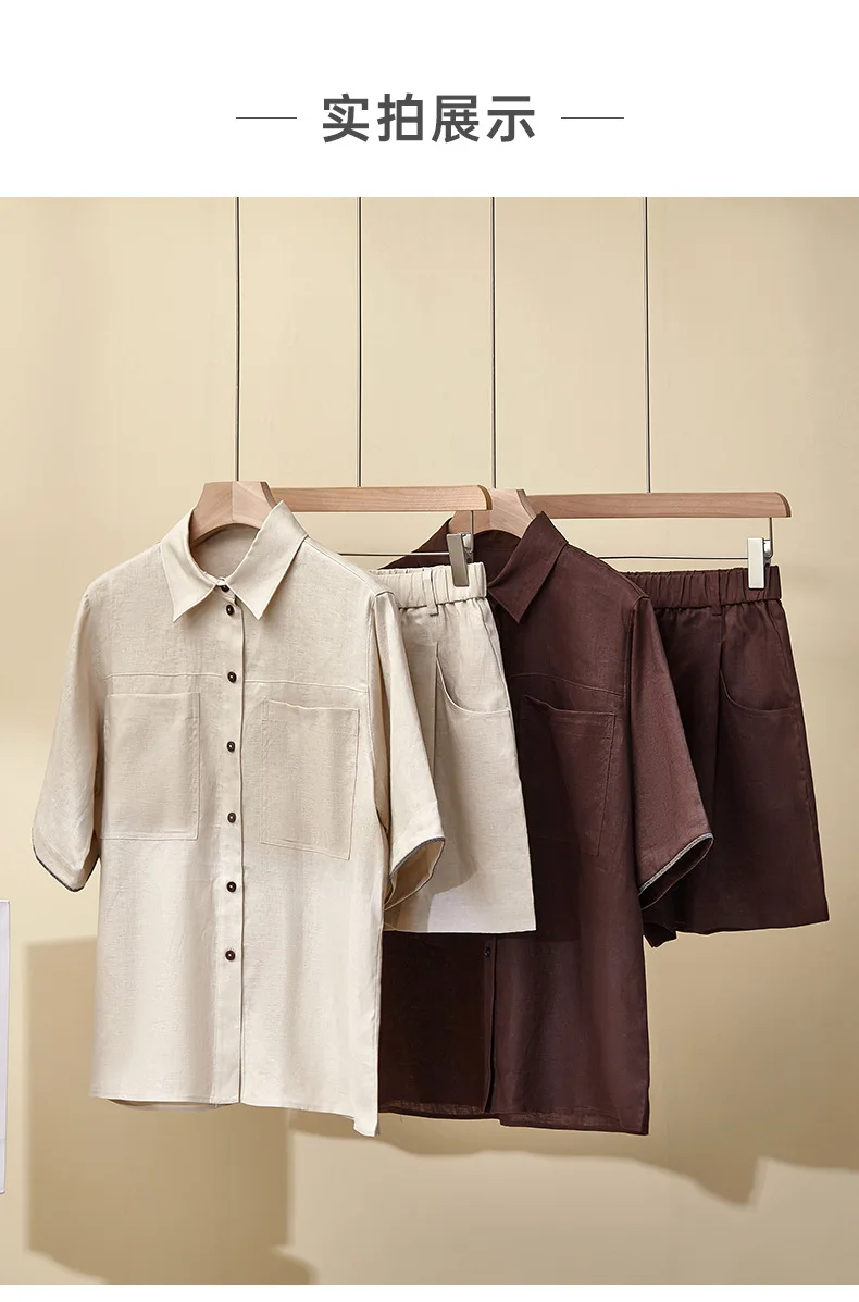 

Summer New Short-Sleeved Suit Loose Cuffs Beaded Linen Casual Elastic Waist Shorts Two-Piece Suit For Women