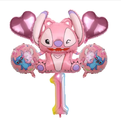 6pcs Disney Pink Lilo & Stitch aluminum film balloon  Angel balloon set girl birthday party decoration 32'' digital balloon set