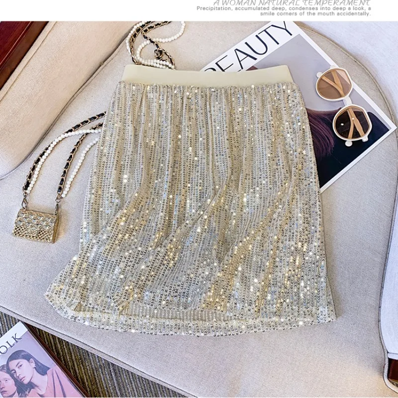 2024 Women's New Elastic High Waist Fashionable Sparkling Sexy Solid Color Slim Elegant Versatile Hip Wrap A-line Casual Skirt