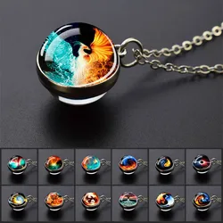 Ice and Fire Phoenix Yin Yang Aurora Necklaces Double Sided Glass Ball Pendant Fashion Chains Necklace Women Men Cool Jewelry