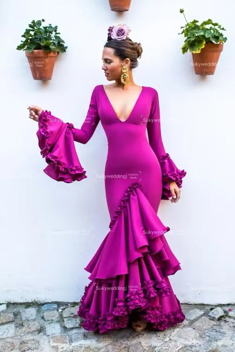 Purple Mermaid  Prom Dresses Flamenca Formal Dance Dresses Fairy Long Sleeve Mesh Spanish  Evening Dress Customized