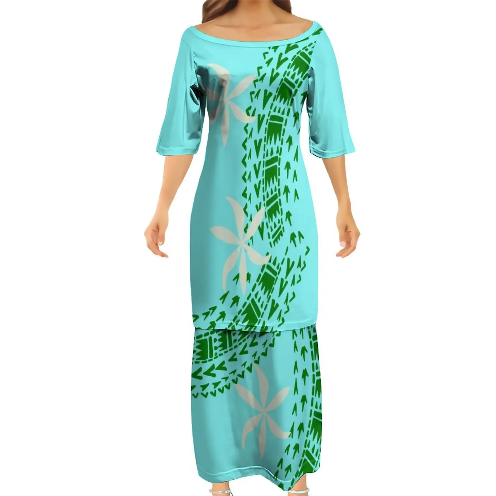 Custom Made High Quality Women Club Bodycon Dresses Samoan Puletasi Polynesian Traditional Tribal Design Dress 2 Piece Set