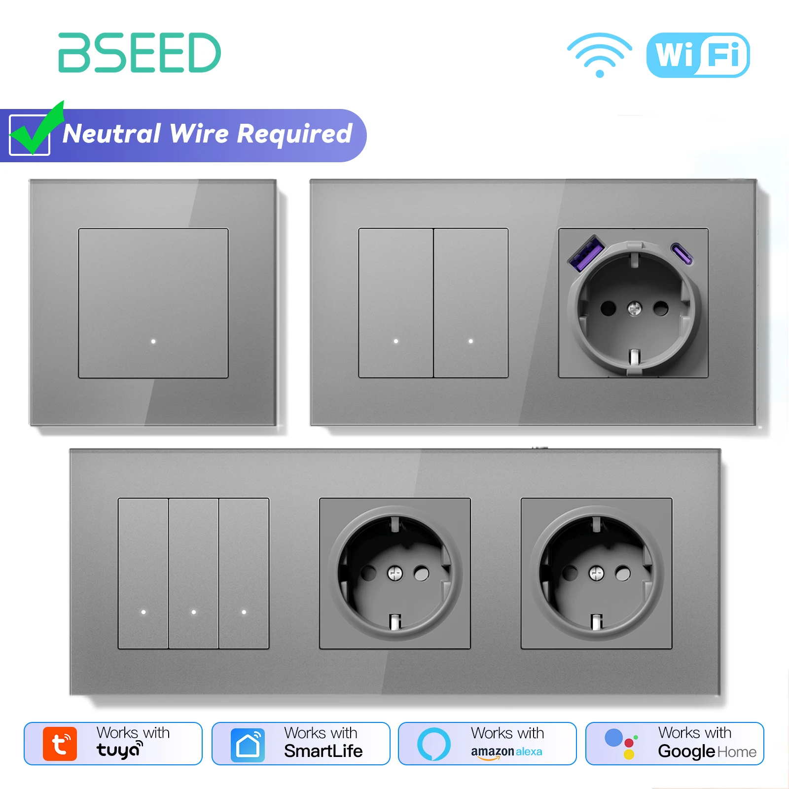 

BSEED WIFI Light Switch 1/2/3Gang 2Way Smart Click Button Switch With EU Wall Socket Glass Panel Tuya Smart Life Alexa Control