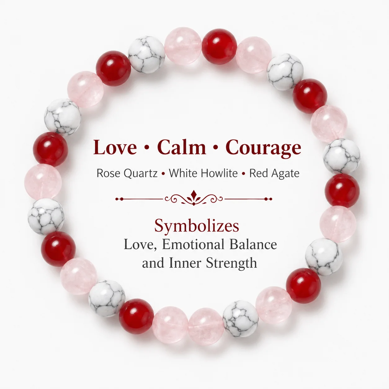 Bracelet Perlé Inner Glow, Bracelet Extensible Rouge Rose Blanc, Bijou Symbole d'Amour, Calme et Courage, Cadeau Significatif pour Maman, Sœur