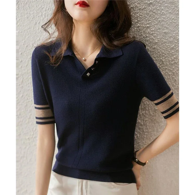 

Summer New Polo-neck Patchwork Slim Knitting T-shirt Female Short Sleeve Simple Allmatch Pullover Top Women Vintage Jumpers L153