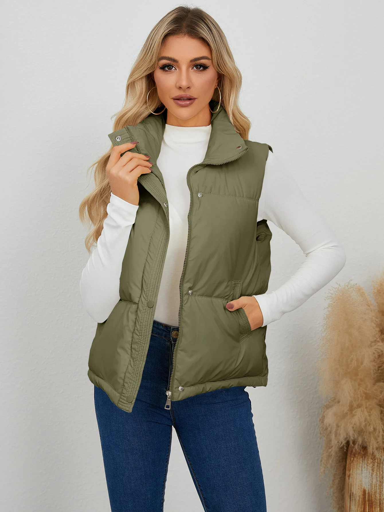 Women's New Short Jacket with Cotton Clip Stand Up Collar Vest Thickened Shoulder Cotton