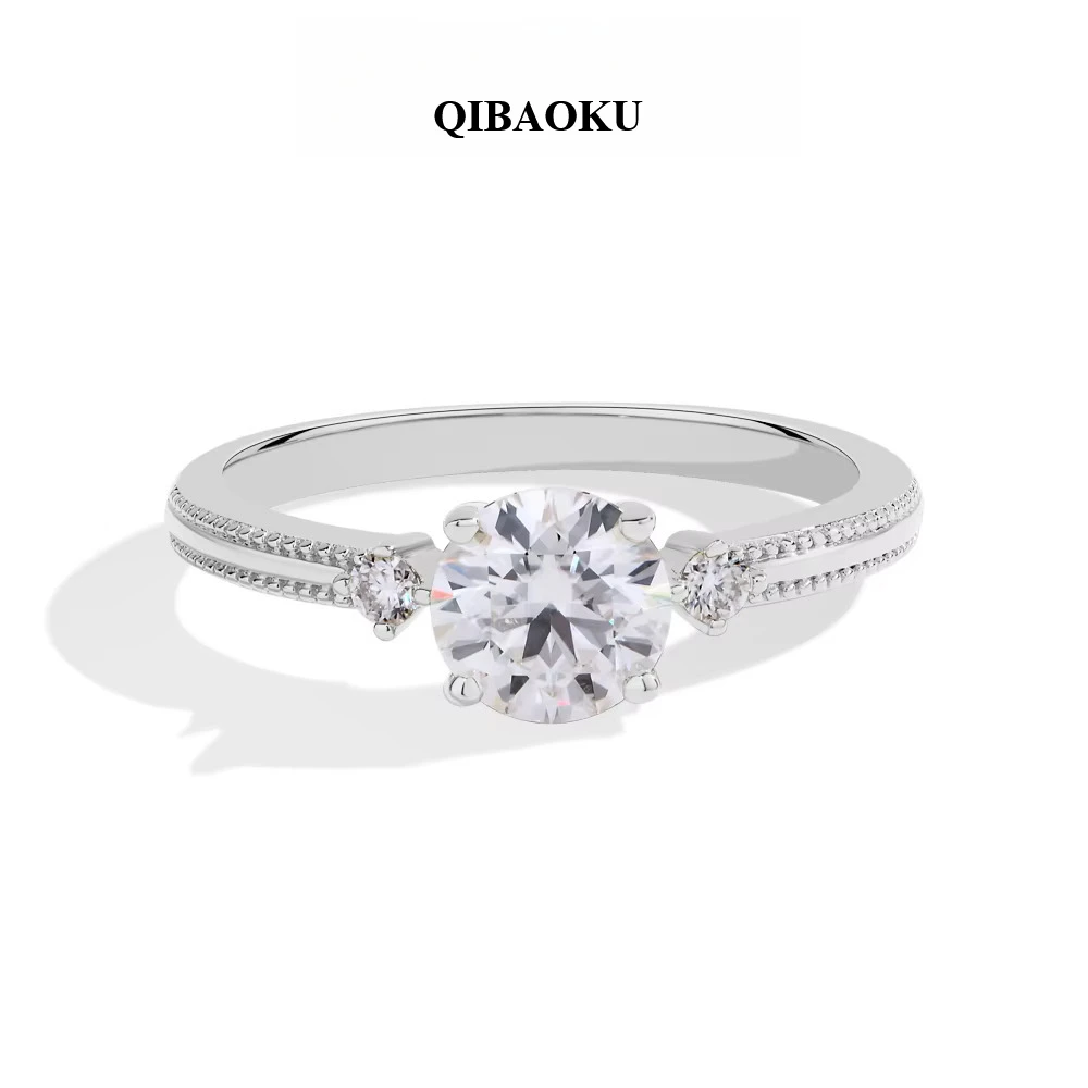 QIBAOKU 1CT 6.5mm Round Moissanite Ring for Women S925 Silver 18K Gold Plated Bead Edge Design Engagement Jewelry Gift 2026