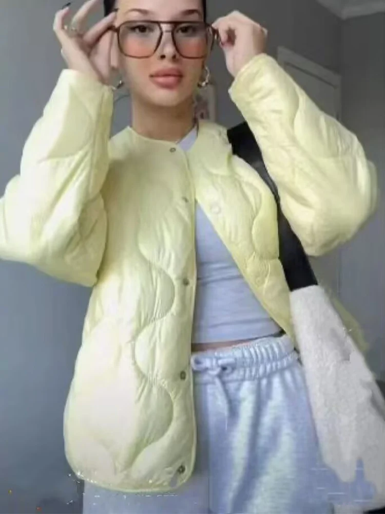 

European and American women's clothing 2025 new style fashionable versatile round neck slim casual thin quilted cotton coat