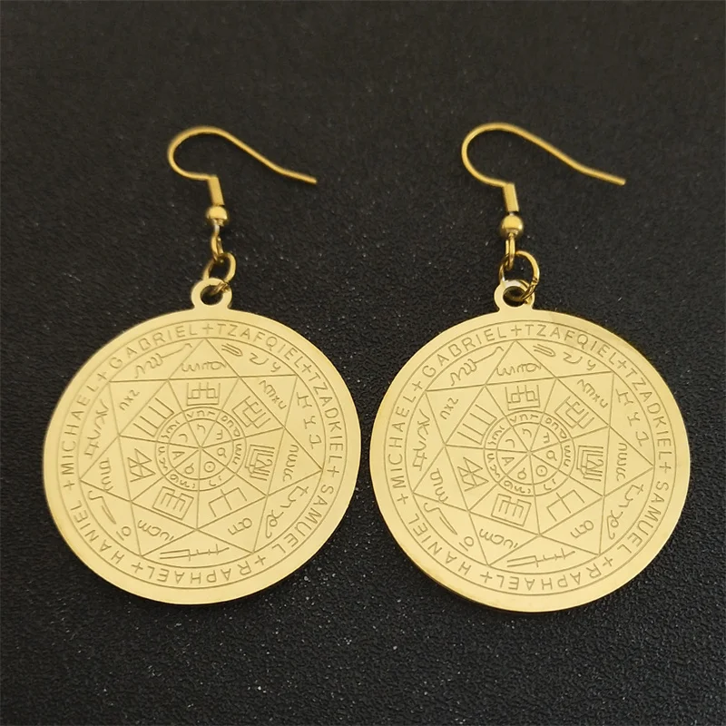 Seal of Seven Archangels Gold color Earrings for Women Stainless Steel Solomon Talisman Protection Earring Jewelry E6059S02