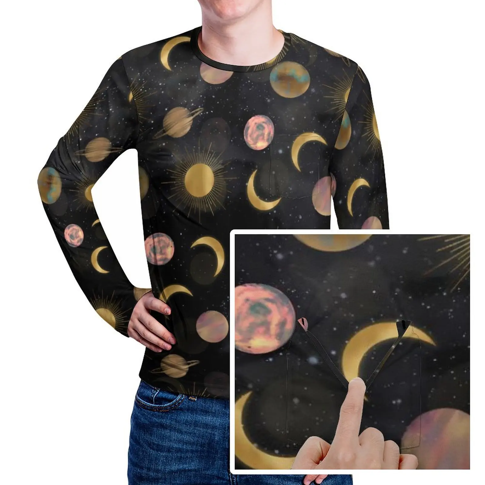 Gold Sun Moon T Shirt Spring Space Print EMO T-Shirts Men Novelty Custom Tee Shirt Plus Size