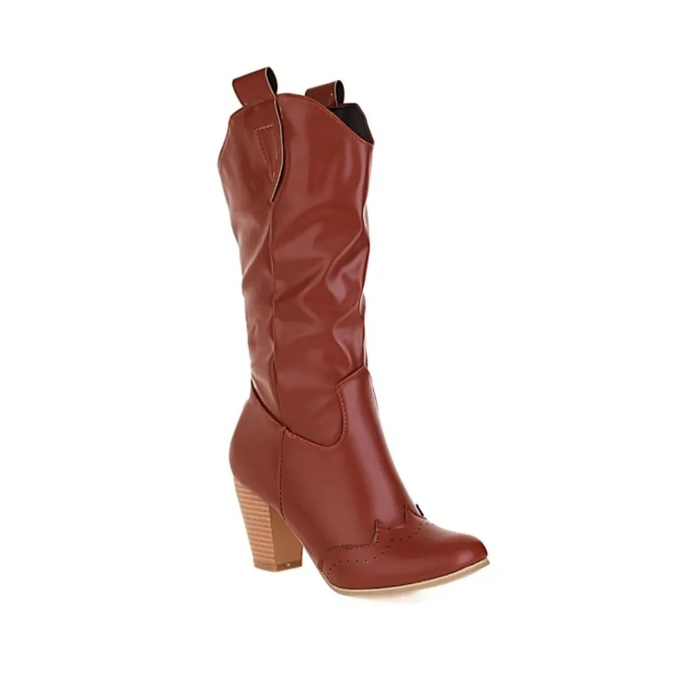 Mid -Calf Boot Women Autumn Winter Round Toe High Heels Retro Westerm Cowboy Boots  Plus Big Size Boots 30 46 47 48 8835