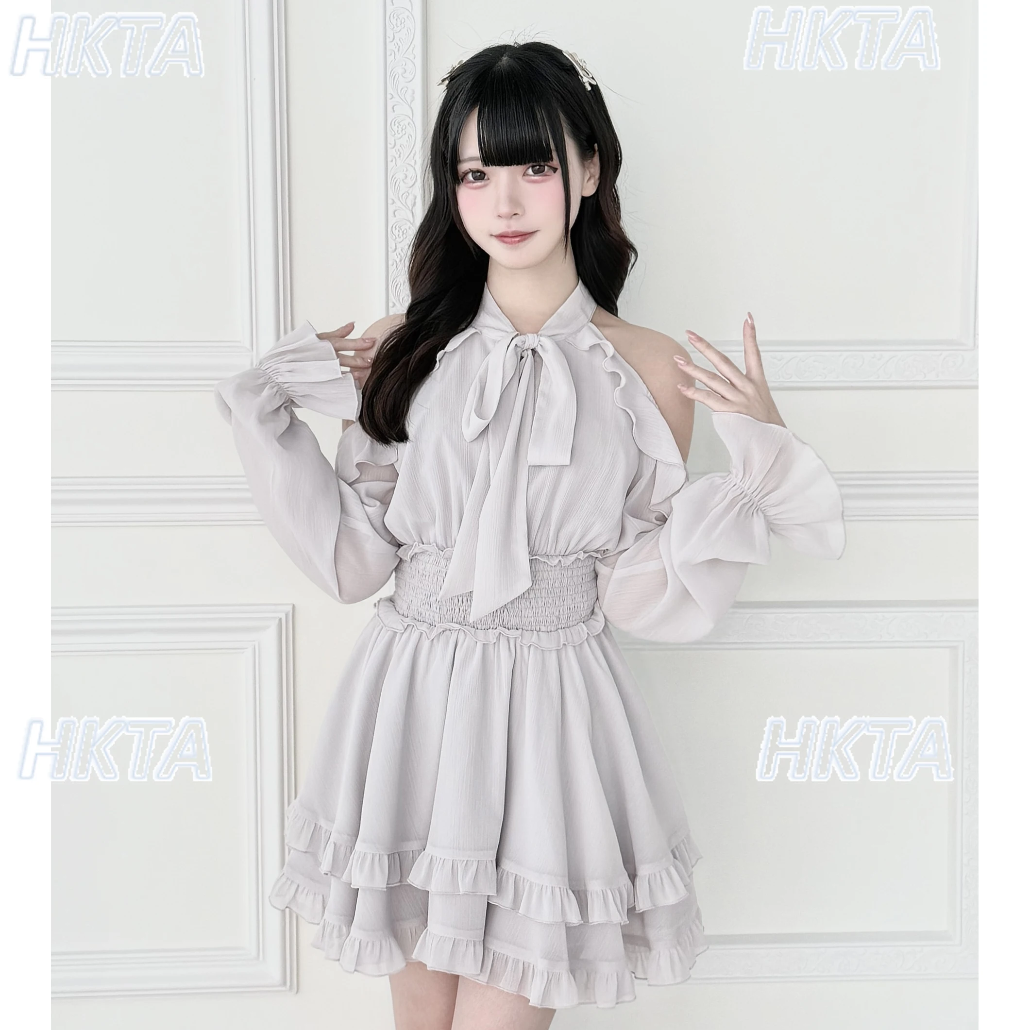 اليابانية نوع الإنتاج الضخم الحلو أنيقة قبالة الكتف فستان أسود المرأة الخريف جديد ركاب الخصر فساتين الشيفون السيدات