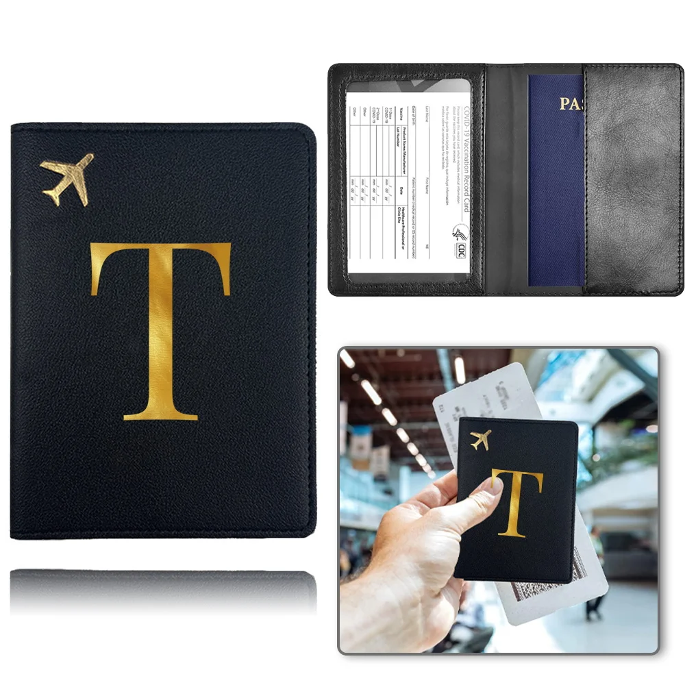 Portable Travel Passport Case Women Men Credit Card Organizer Cover Gold Letter Pattern PU Airplane Travel Passport Cover