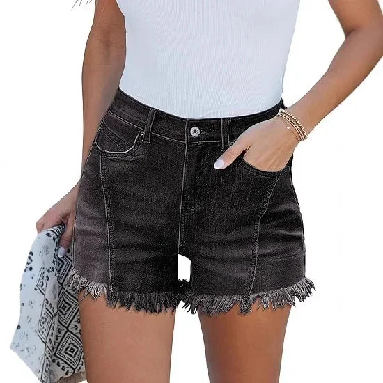 Denim Shorts Women Jeans Straight Trousers High Waist Distressed Raw Edge Y2k Streetwear Work Splice Pant Casual Beach Summer view 3
